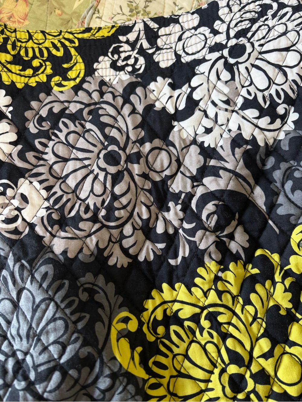 Quilted Floral Tote or Bag Panel in Black, Gray & Yellow